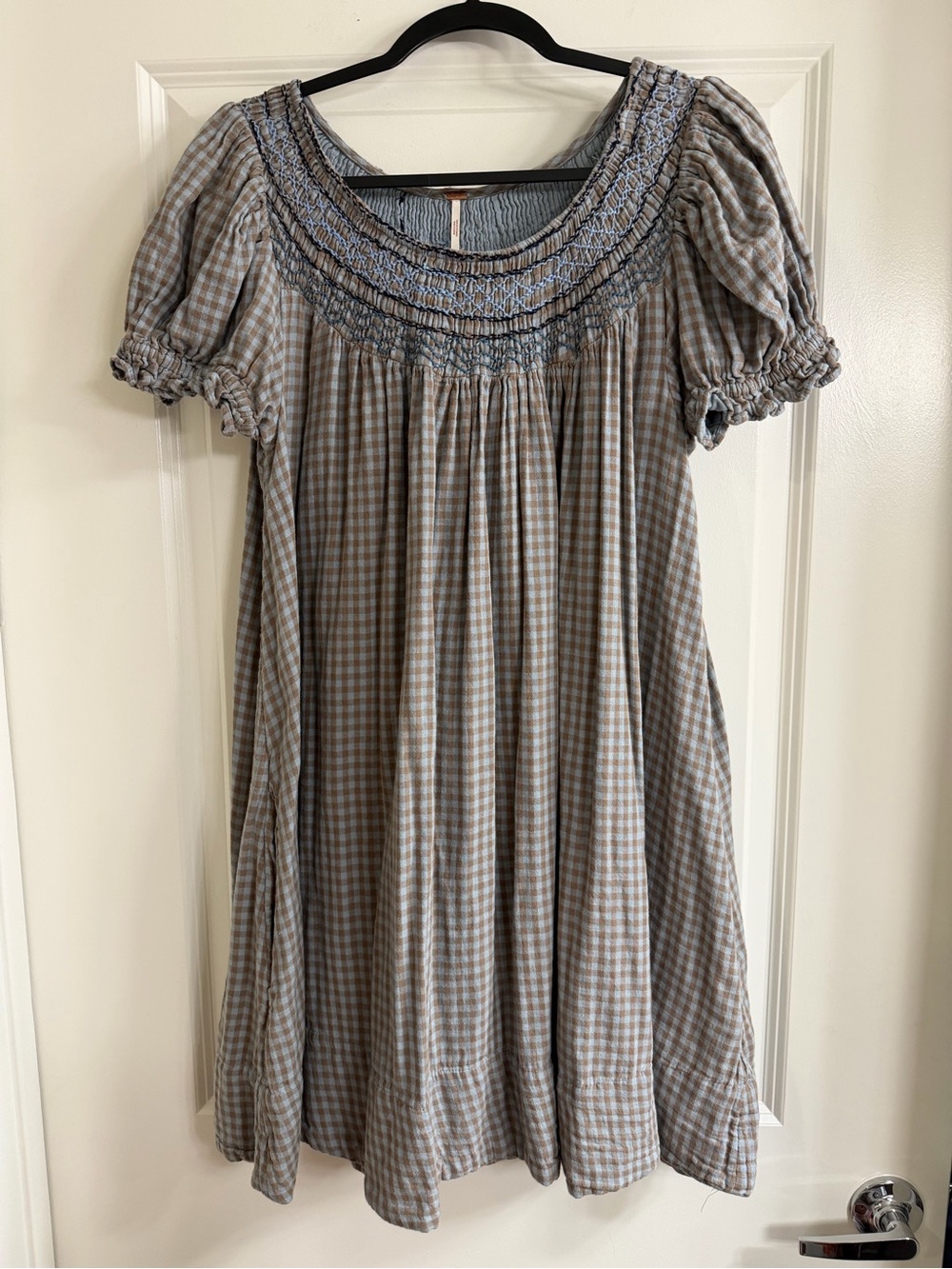 Free People Blue and Tan Gingham Smocked Yoke Dress